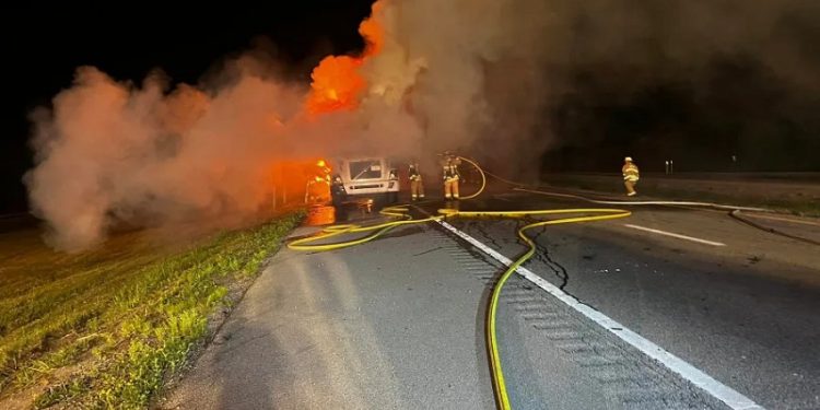 Firefighter and Driver Injured in Car Fire on Highway 68