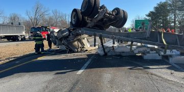 Semi-Truck Overturns Outside Evansville, No Injuries Reported