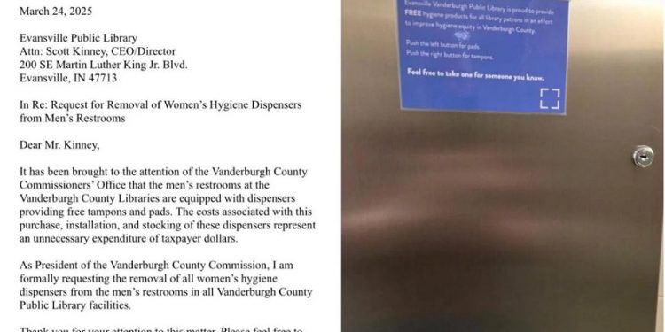 Vanderburgh County Commissioner Requests Removal of Free Hygiene Product Dispensers from Men’s Restrooms at EVPL