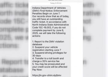 Scam Texts Threaten Indiana Drivers with Fake Traffic Ticket Penalties