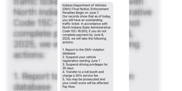 Scam Texts Threaten Indiana Drivers with Fake Traffic Ticket Penalties